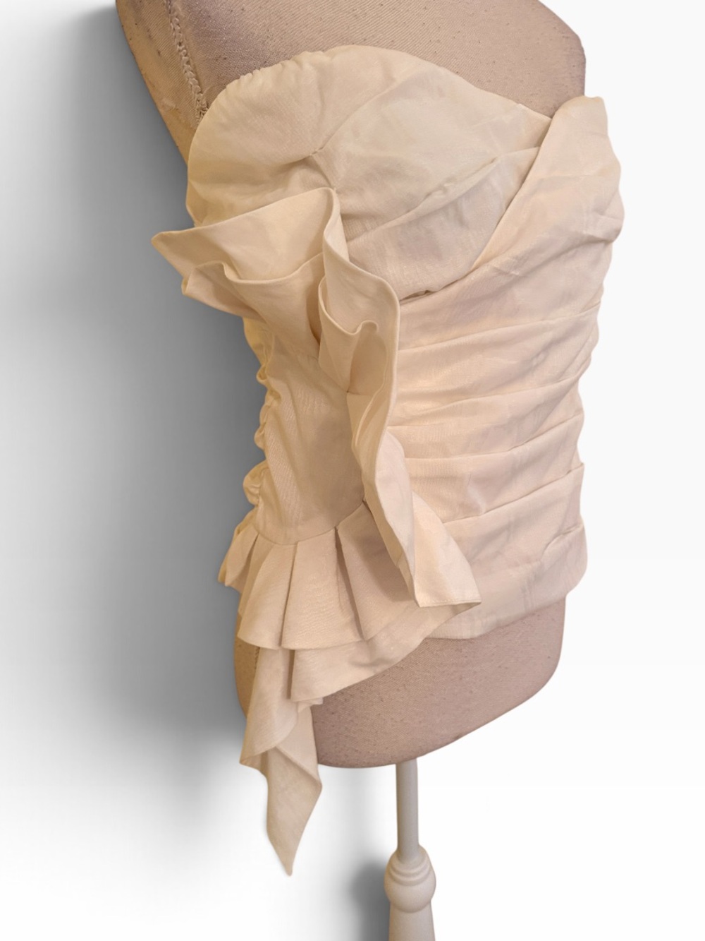 Express Cream Ruched Ruffle Bustier Strapless Top with Round Ruffle Side Accent - Picture 3 of 7